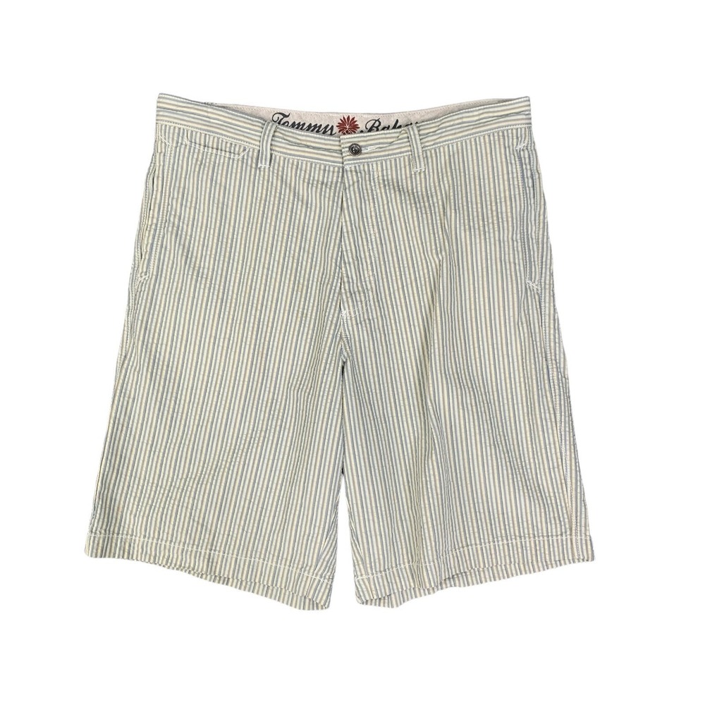 Tommy Bahama - Men's 100% Cotton Stripe Flat Front 9' Shorts - Cream/Green - 34